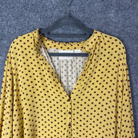Maeve by Anthropologie Yellow Polka Dot Ruffle Neck V-Neck Blouse Top XLarge - Picture 4 of 10